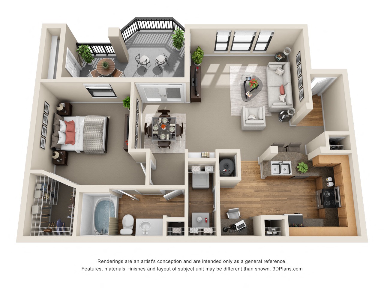 Floor plan for 1 bed, 1 bath, 910 sqft